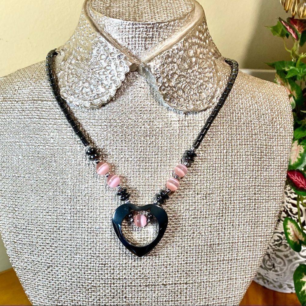 NEW 18” HEMATITE OPEN HEART W/ROSE QUARTZ STONE NECKLACE - Picture 3 of 14